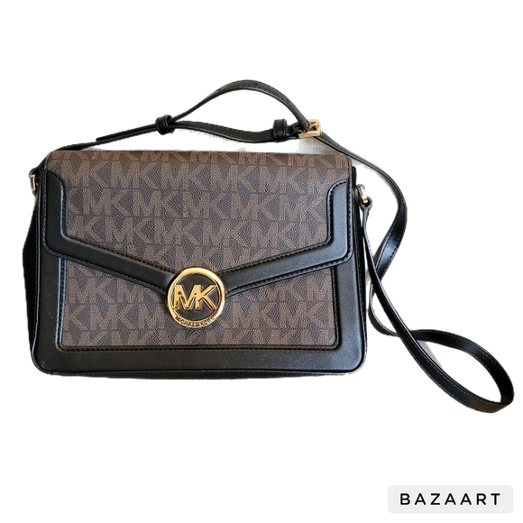 Michael Kors Jessie Medium Logo Shoulder Bag Black Brown Leather - Picture 1 of 6